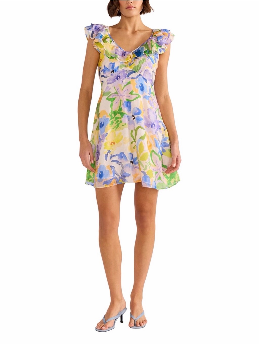 MINKPINK Floral Ruffle V-Neck Mini Dress - Purple, Yellow, Green, Pink